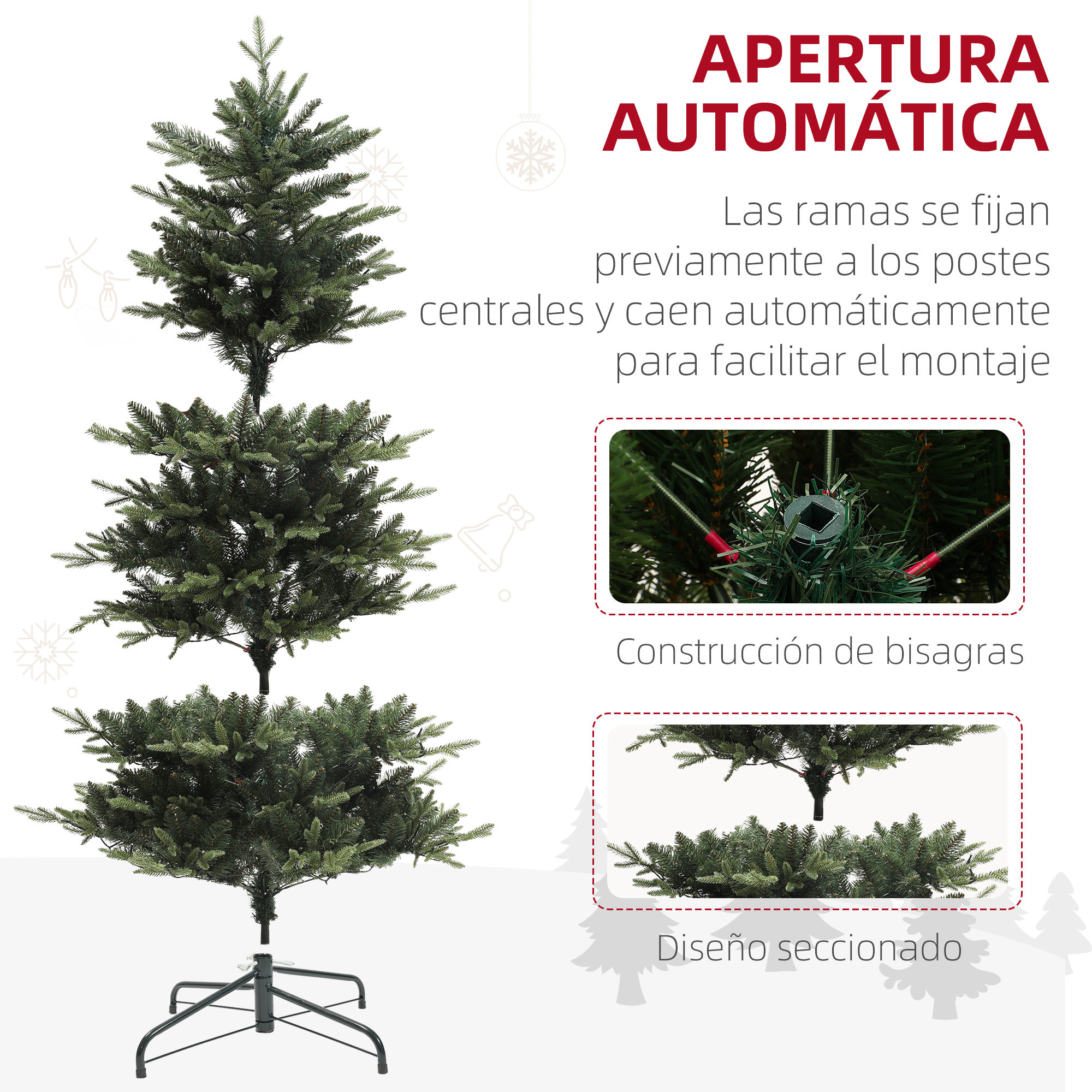 Árbol de Navidad 180 cm Árbol de Navidad Artificial con 350 Luces LED 726 Ramas y Soporte de Acero Árbol Navideño para Salón Interior Verde