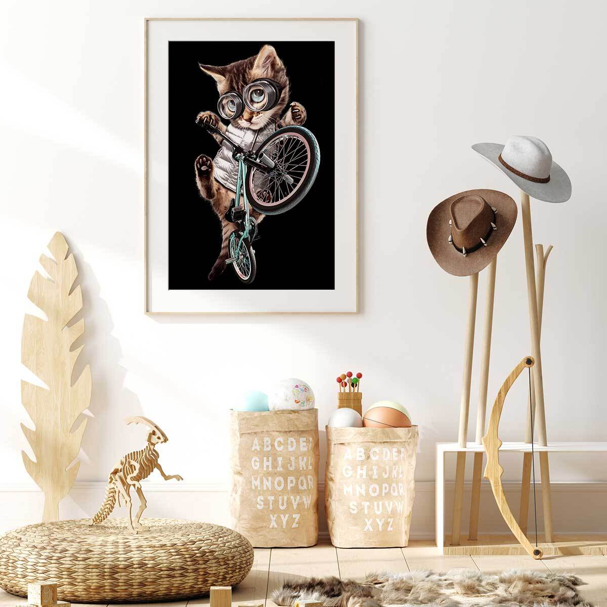 Affiche enfant bmx chat  Affiche + cadre en bois - Chêne