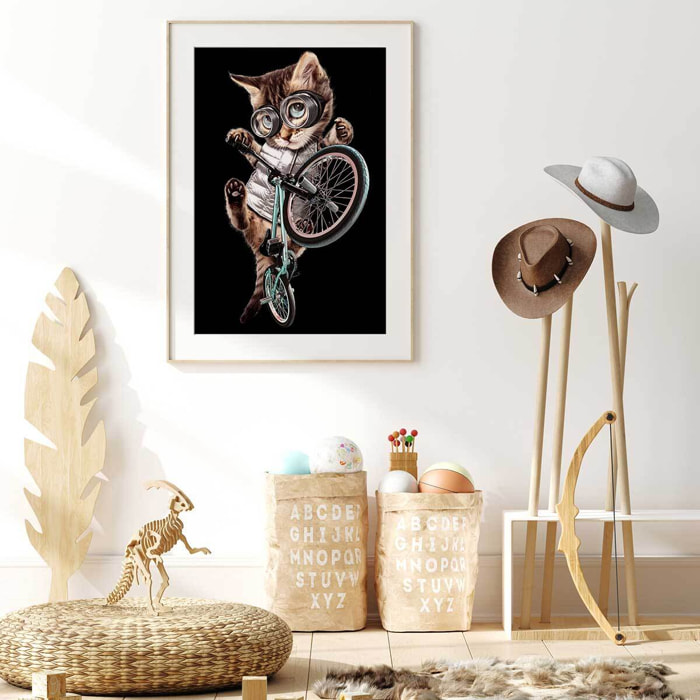 Affiche enfant bmx chat  Affiche + cadre en bois - Chêne