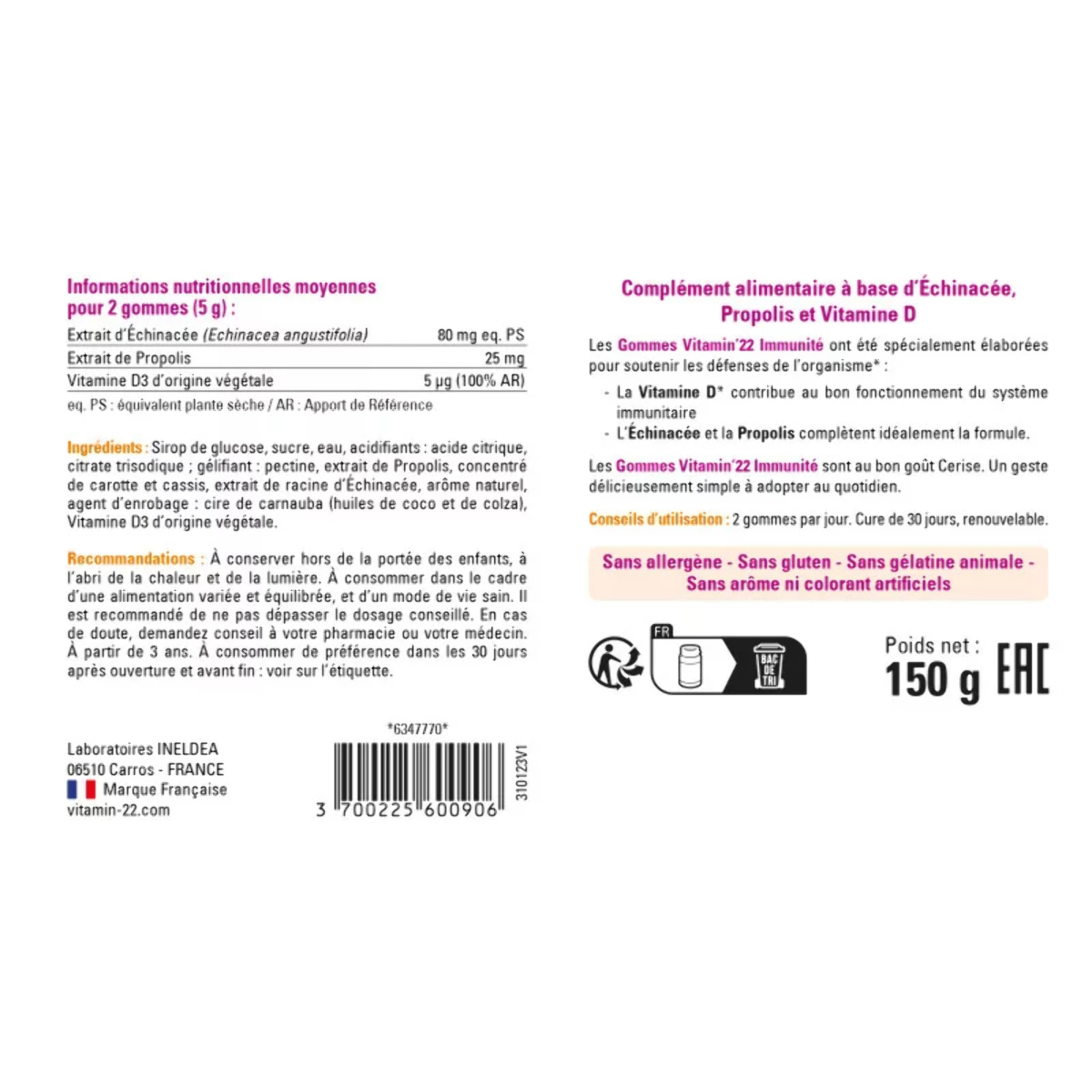 VITAMIN'22 - Gommes immunité - à Base de Vitamine D, Propolis et Échinacée - Booste les défenses immunitaires - Au délicieux goût de cerise - 60 gommes