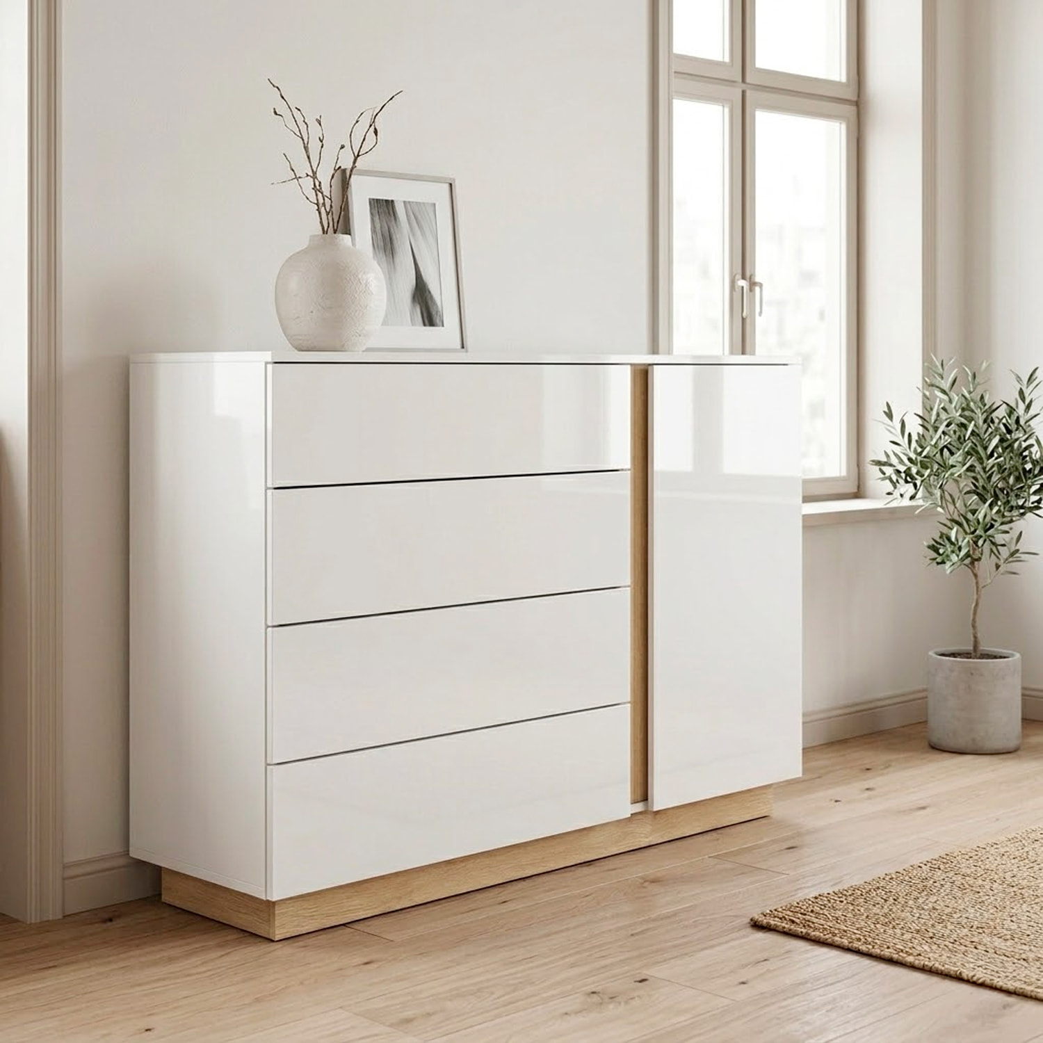 Mobile Comò Cassettiera Anta Design Moderno Ripiano Per Abiti Biancheria Camera Da Letto Cameretta Salvaspazio 138.2 x 90.5 x 40 Cm Bianco E Rovere