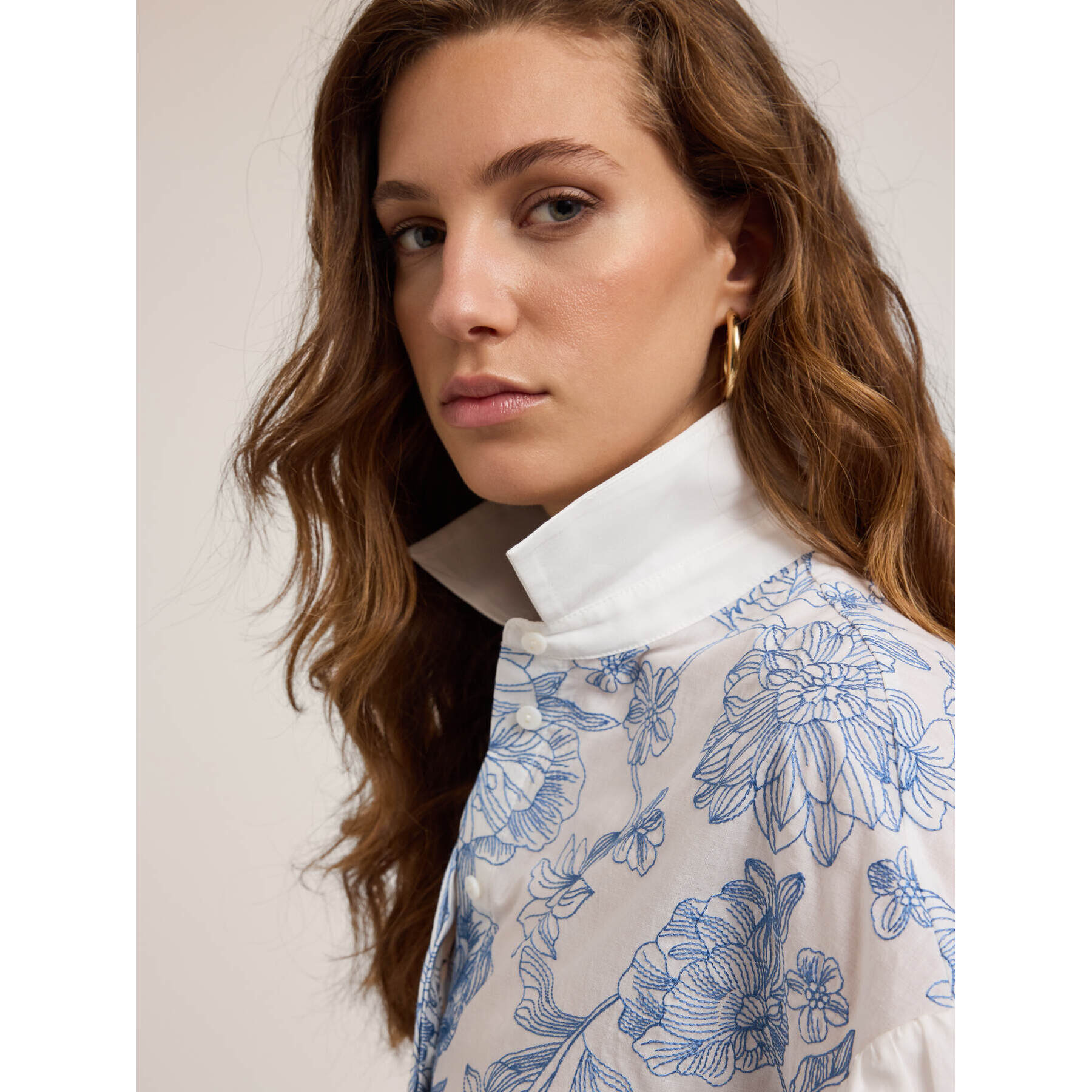 Motivi - Camicia in cotone con ricamo floreale - Azzurro