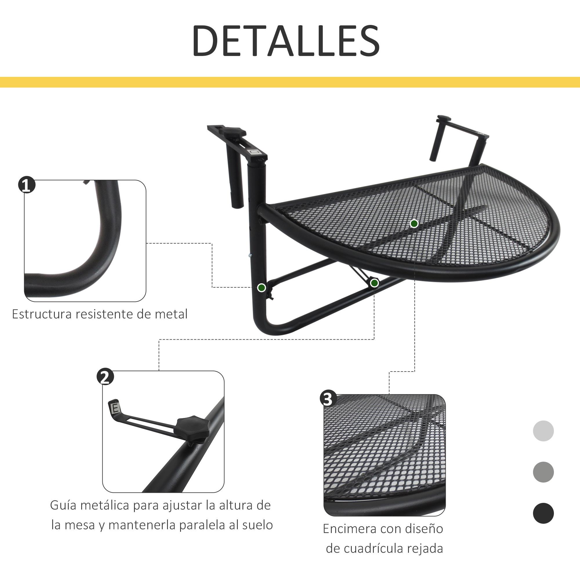 Mesa Colgante de Balcón Semicircular 60x45x50 cm Ajustable en Altura