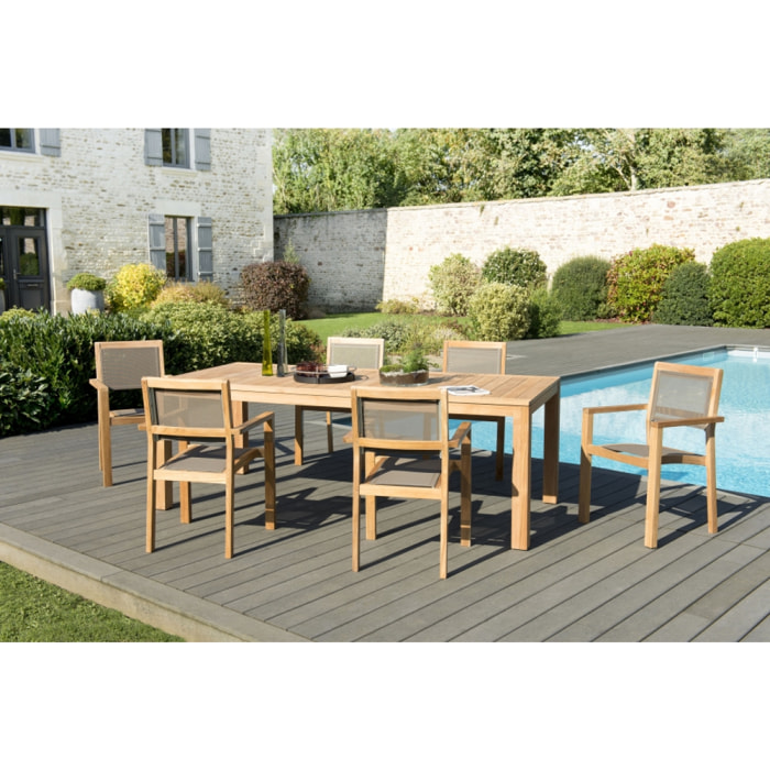 HALICE - SALON DE JARDIN EN BOIS TECK 6/8 pers. - 1 Table rectangulaire 220*100 cm et 6 fauteuils empilables