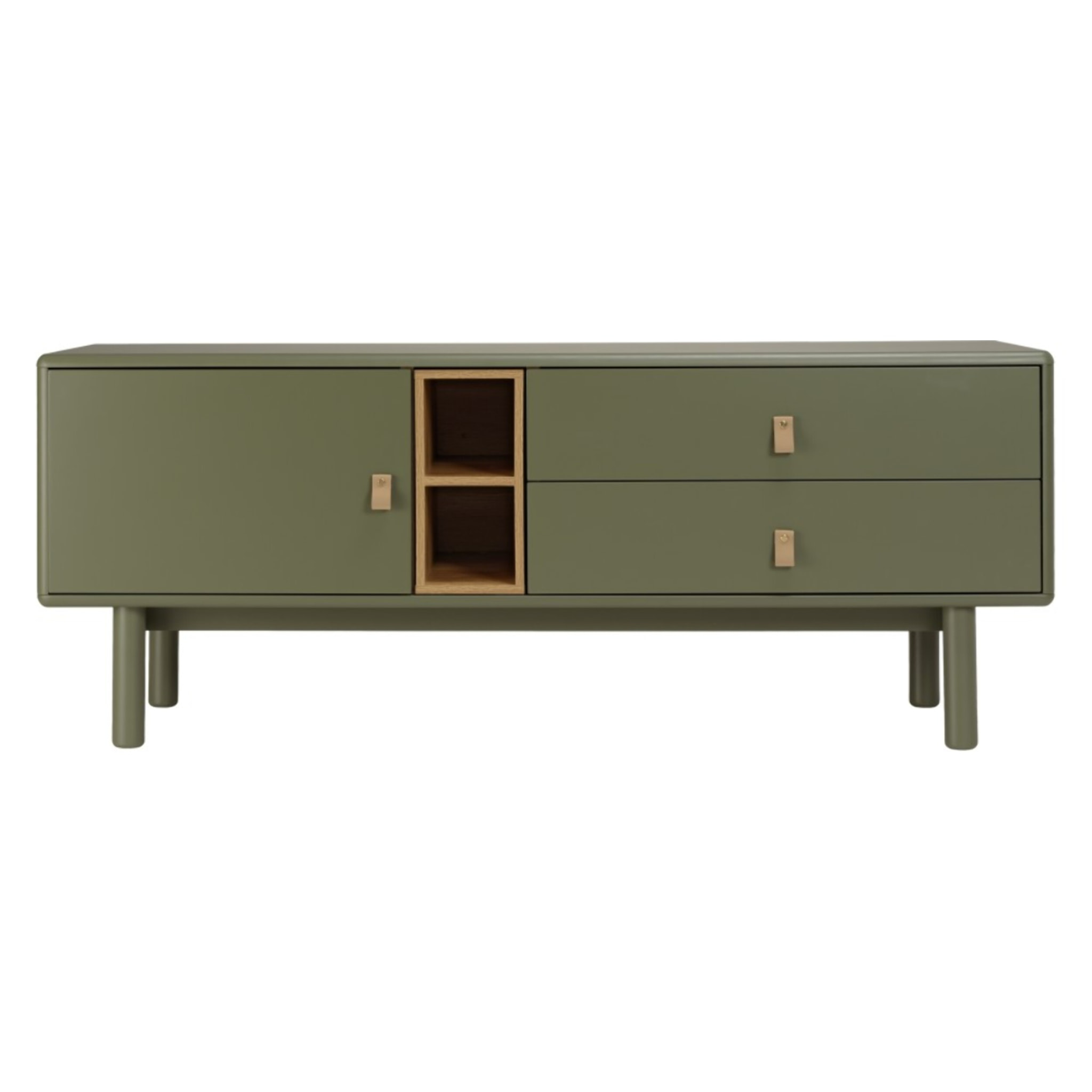 ETHAN - Meuble TV vert 1 porte, 2 tiroirs et 2 niches en bois naturel
