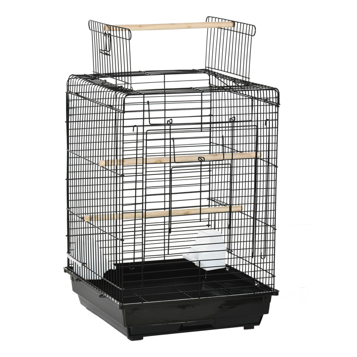 Cage à oiseaux 2 mangeoires 2 perchoirs toit ouvrant plateau excrément amovible poignée transport métal PS noir