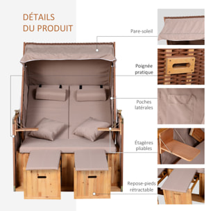 Outsunny Corbeille de plage 2 places pliable - Cabine de plage inclinable - abri plage strandkorb - coussins, repose-pieds, tablettes, pare-soleil - bois résine tressée polyester taupe