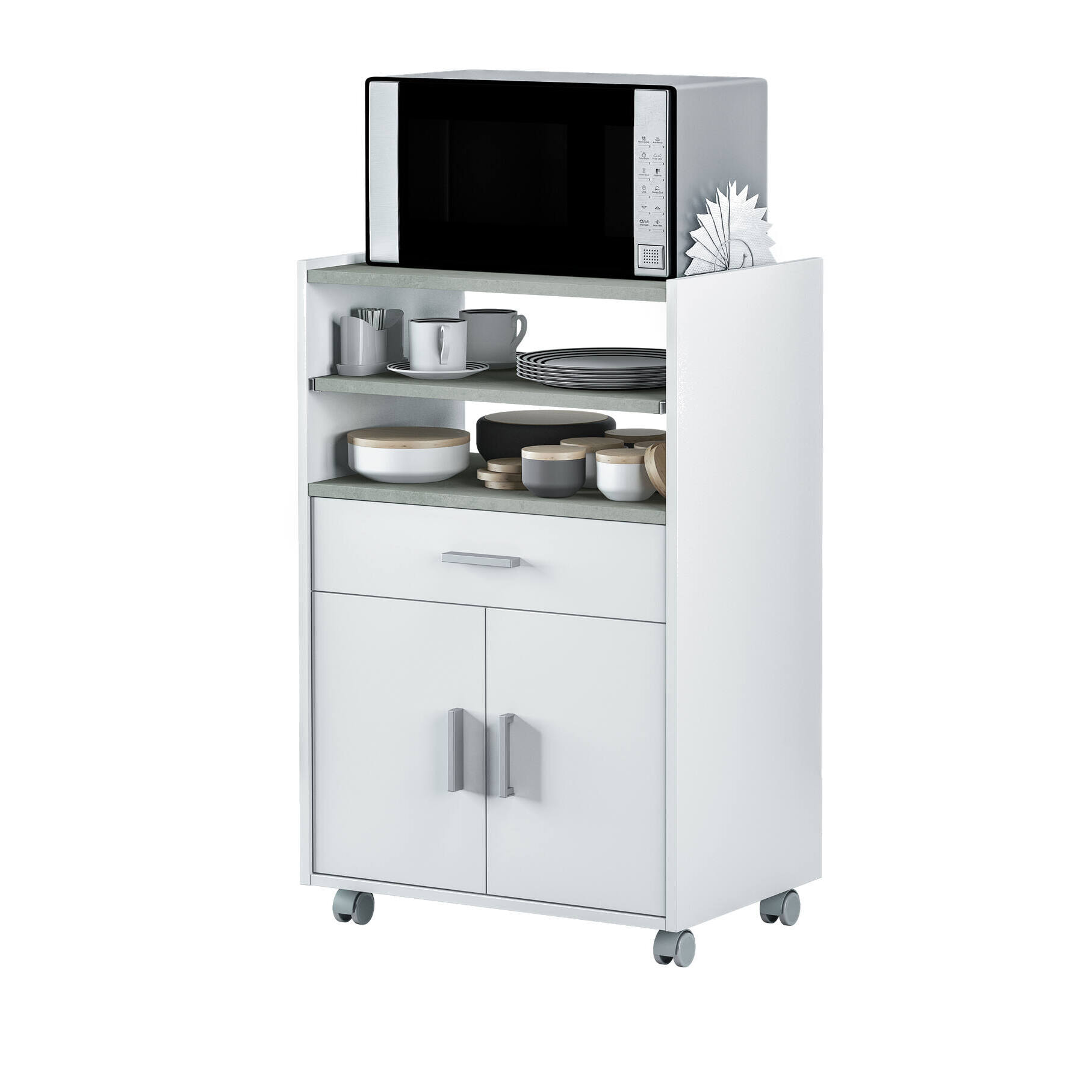 Carrello Scottsdale, Mobile ausiliare per cucina con ruote, Armadio multiuso con 2 ante e 1 ripiano, cm 59x40h92, Bianco