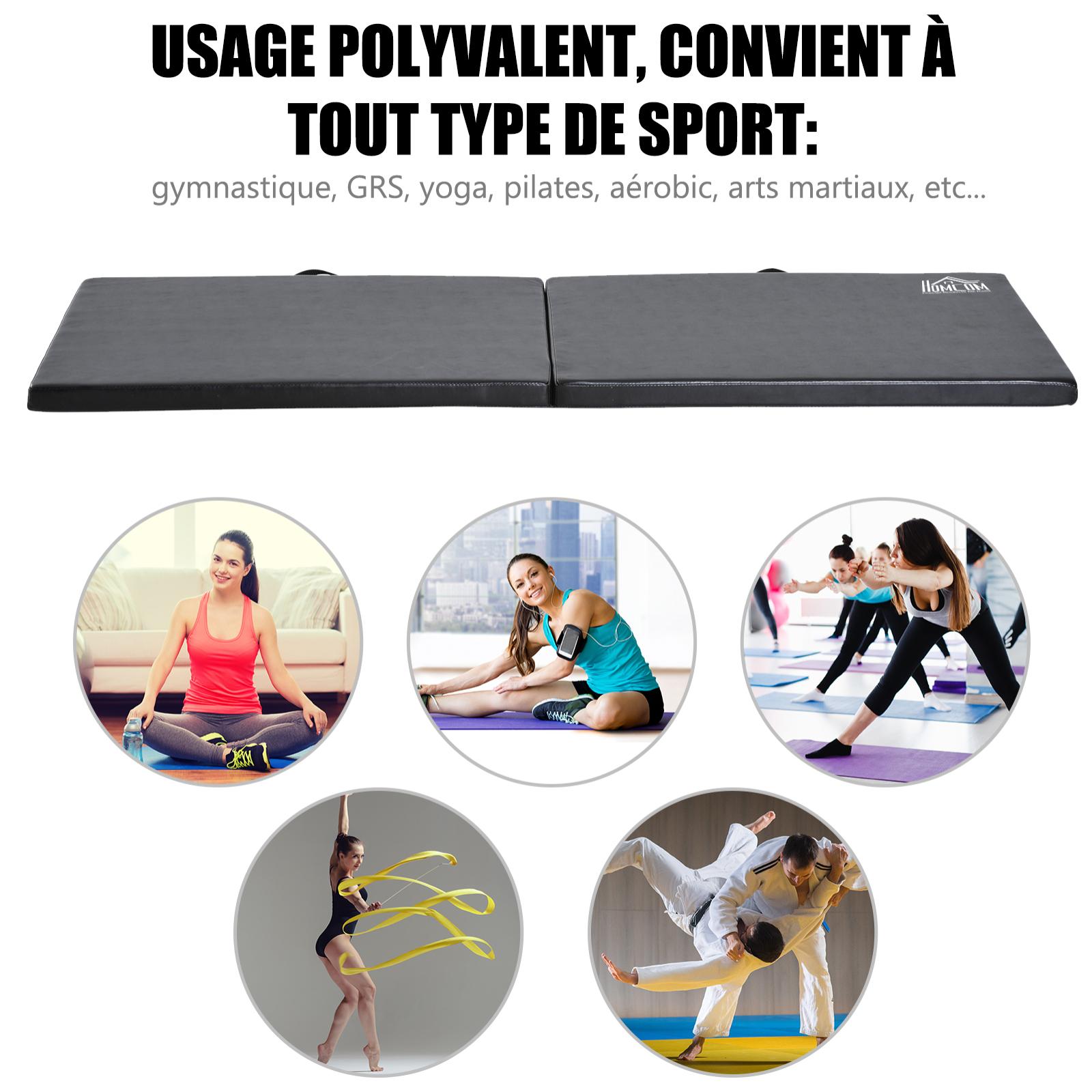 Tapis de gymnastique yoga pilates fitness pliable portable grand confort 180L x 60l x 5H cm revêtement synthétique noir