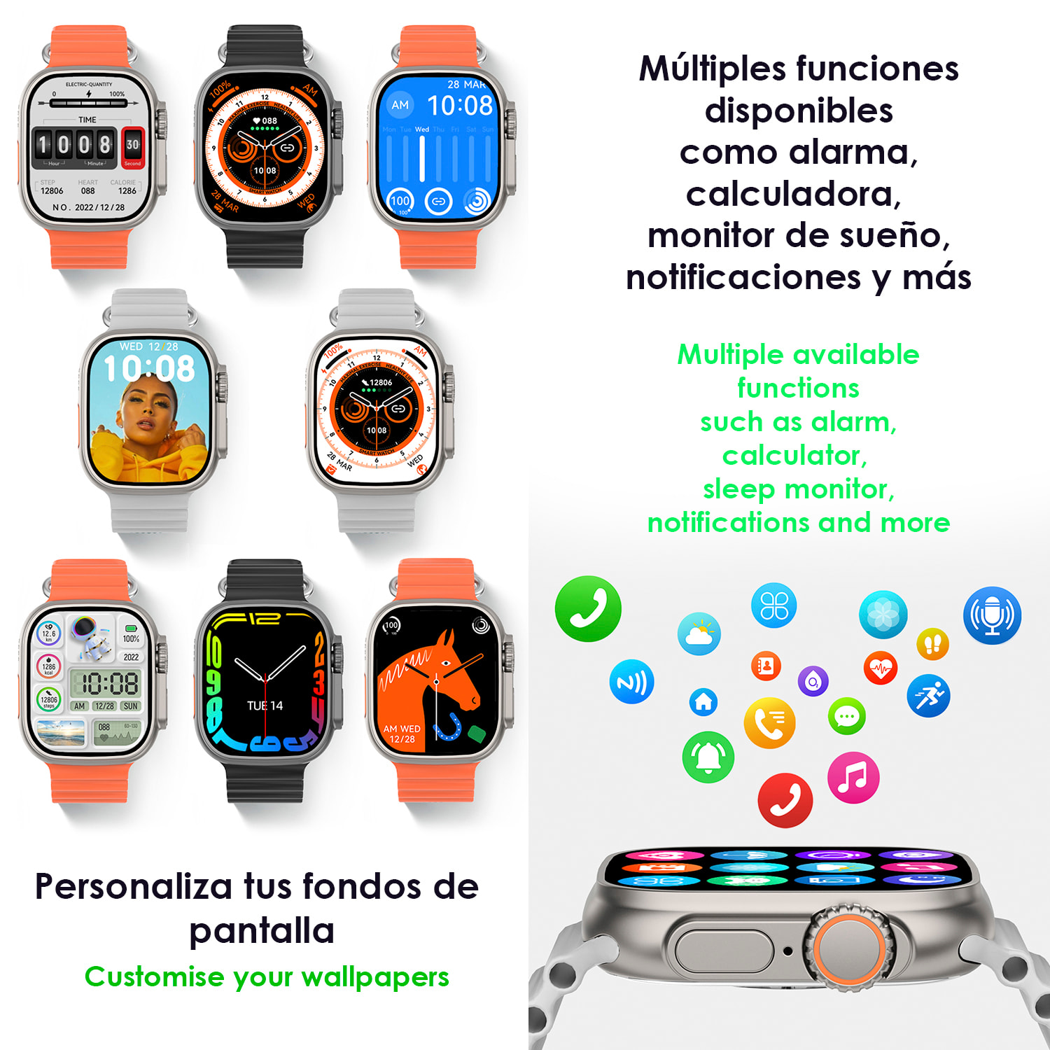 Smartwatch S9 Max, pantalla de 2.2", modos de deporte, monitor de salud, corona multifunción y botón de acceso rápido configurable.