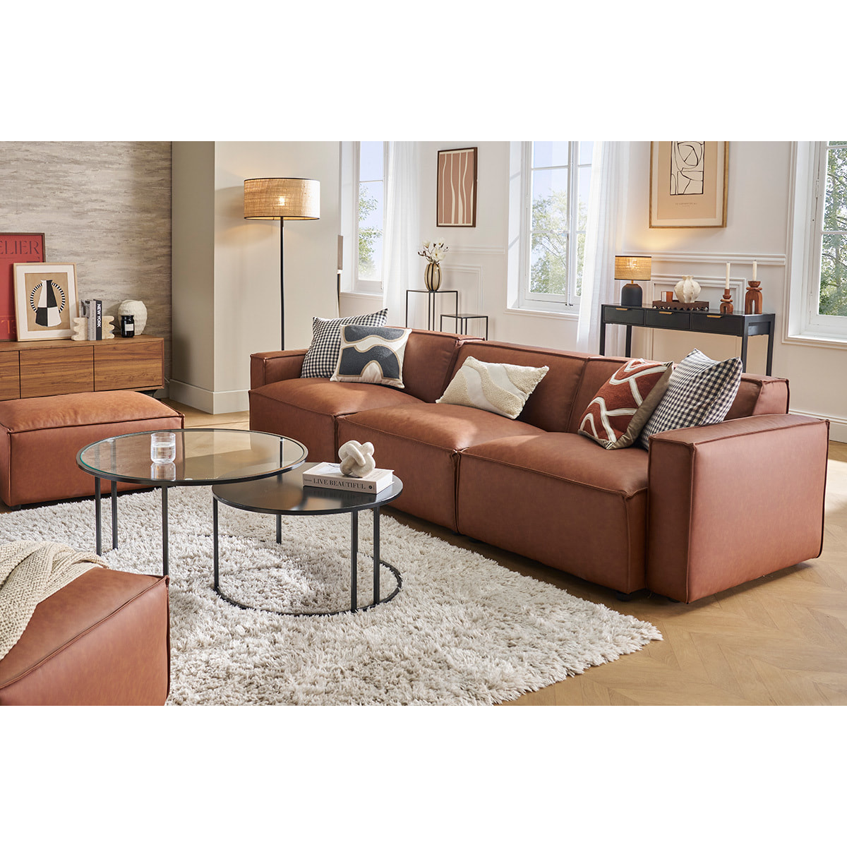 Canapé modulable vintage 4 places en cuir marron SPLIT