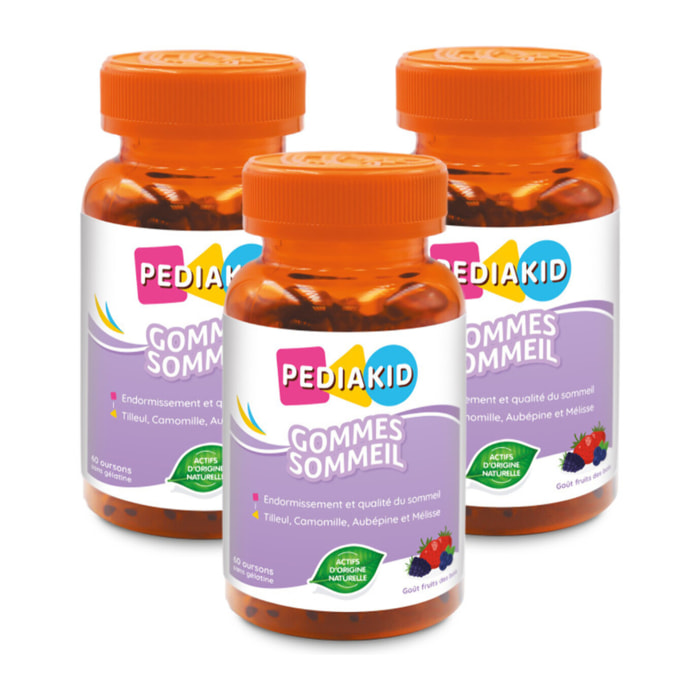 PEDIAKID - Gommes Sommeil - Complément alimentaire - Tilleul, Aubépine, Camomille & Mélisse - Facilite l'endormissement - Favorise un sommeil de meilleure qualité - Sans gélatine - Lot de 3 piluliers