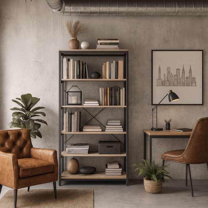 Ganbaru - Libreria scaffale a 6 ripiani 80x30xH180 cm in stile industrial bleach