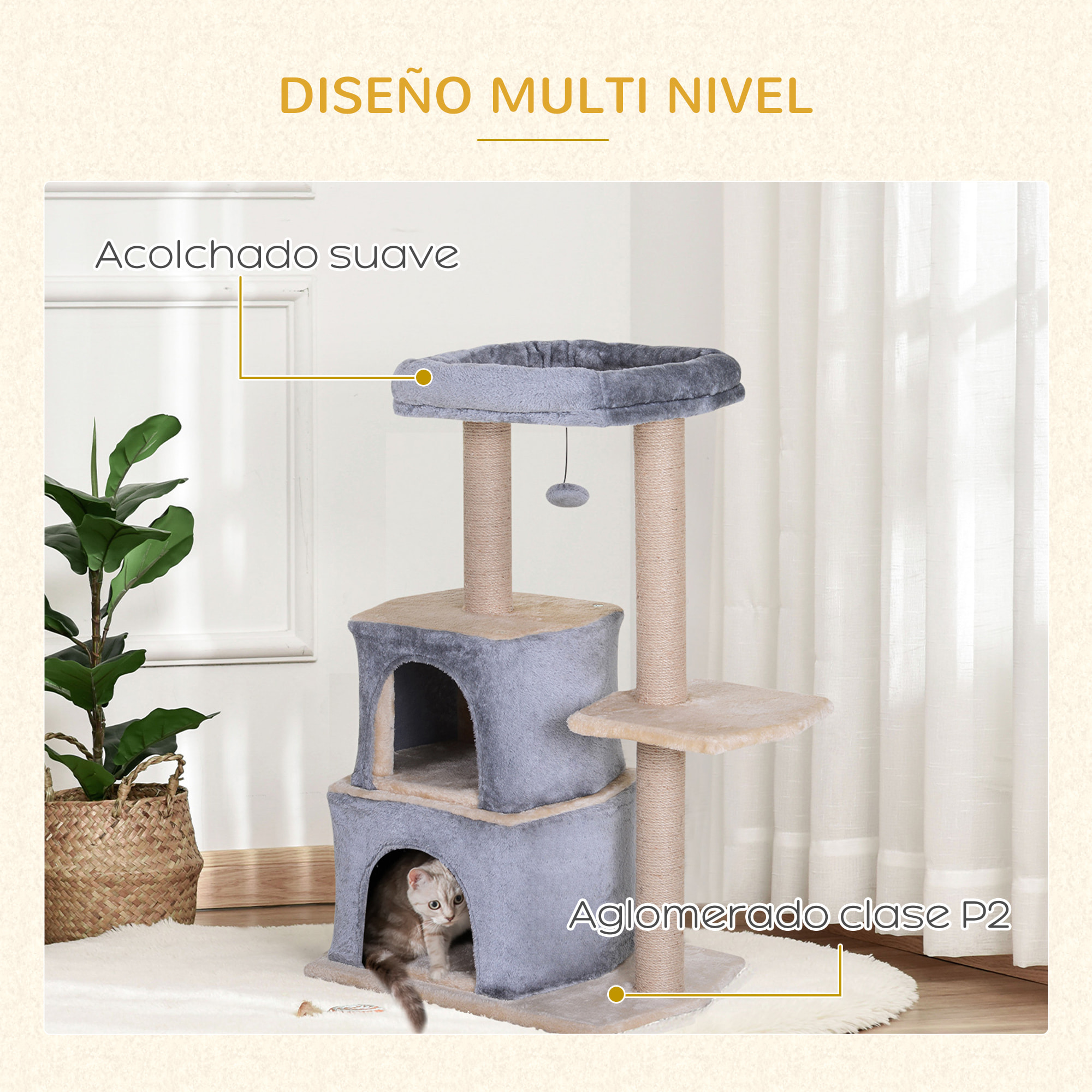 Árbol Rascador para Gatos de Sisal Natural 60x40x92cm Gris