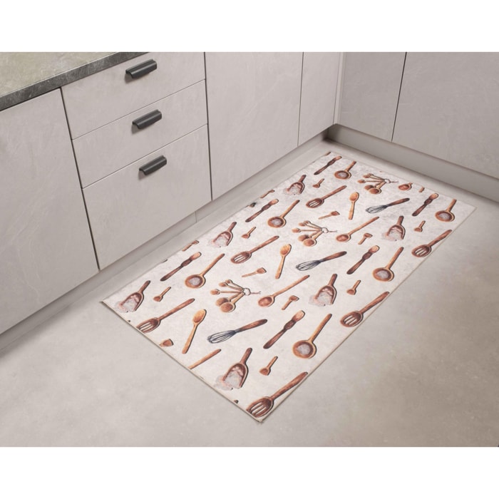 Stampa - tapis de cuisine motif ustensiles de cuisine antidérapant et lavable en machine à 30°C, blanc