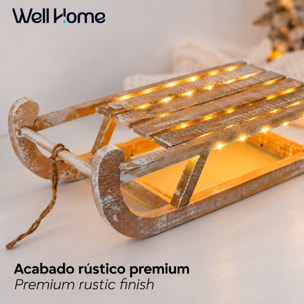 Trineo decorativo de navidad con luces led 50x24x16 cm en madera natural encalada con 50 micro leds blanco cálido