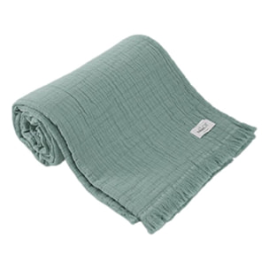 Plaid à franges "Brehat" Gaze de Coton stonewashed Toison d'or - Couleur: Brehat Lichen