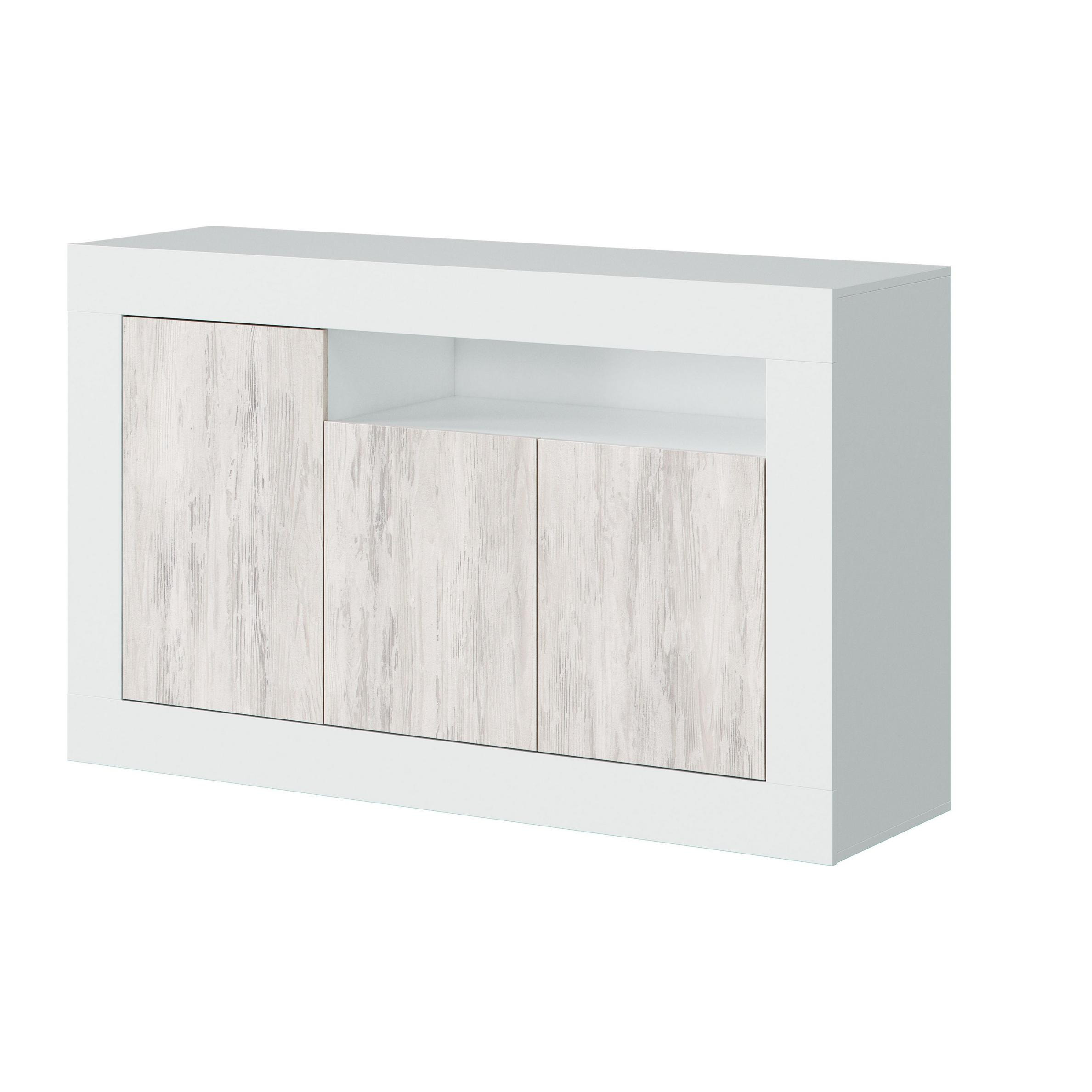 Credenza Thornton, Madia moderna a 3 ante, Buffet da soggiorno con scomparti, Madia da salotto, Mobile Porta TV, cm 144x42h87, Bianco