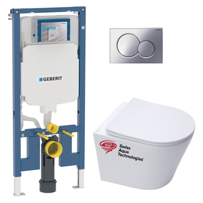 Pack WC sans bride Infinitio + Abattant softclose slim + Bâti support Geberit Extra-plat UP720 + Plaque Chrome