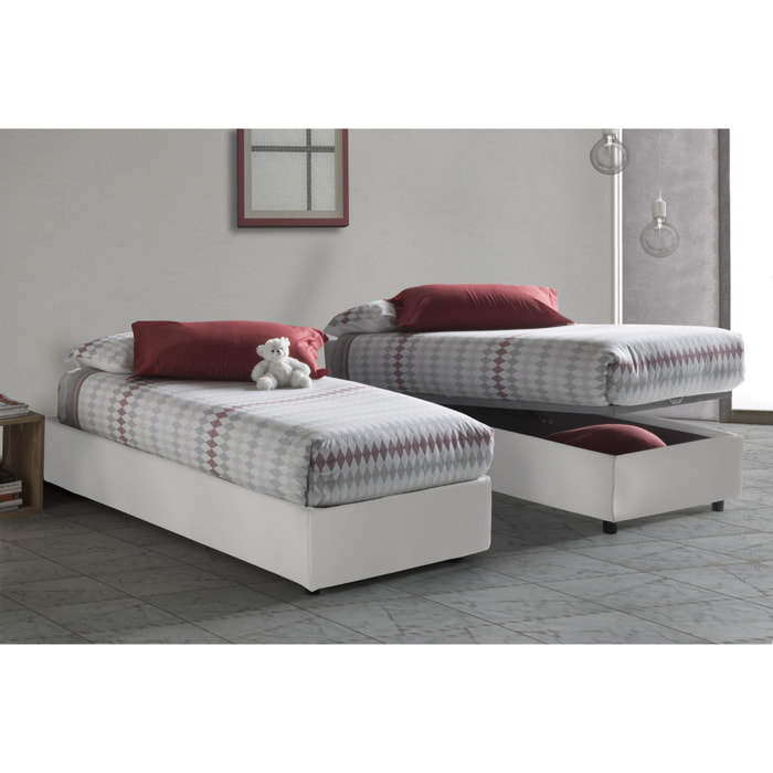 Letto singolo Alessandra, Letto contenitore con rivestimento in ecopelle, 100% Made in Italy, Apertura frontale, con materasso Cm 90x190 incluso, Bianco