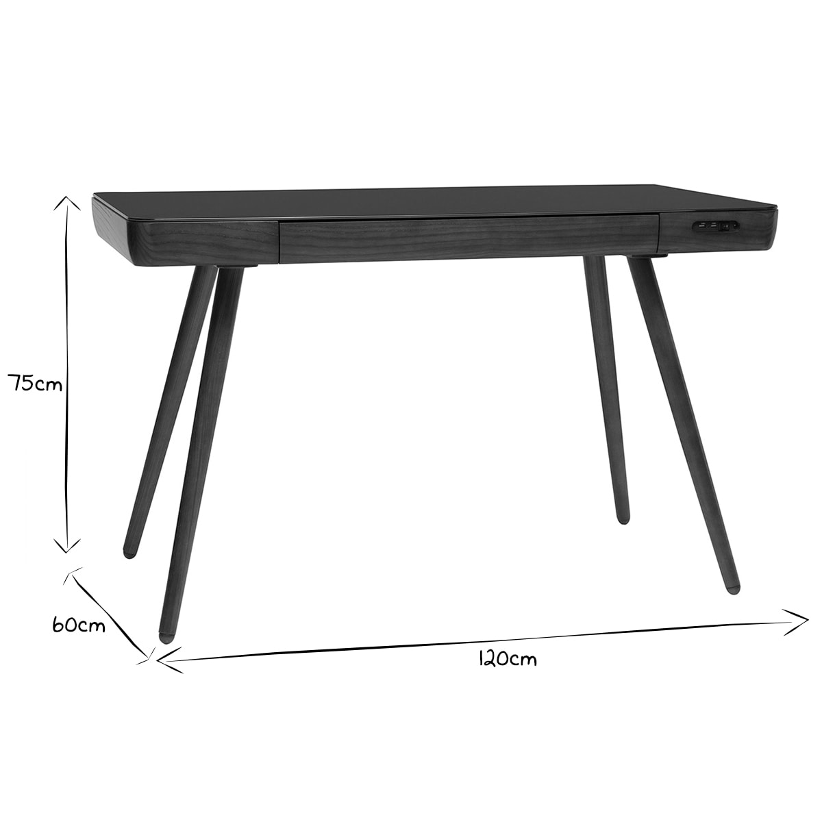 Bureau connecté multimédia avec tiroir en verre noir et bois foncé noyer L120 cm CLEVER