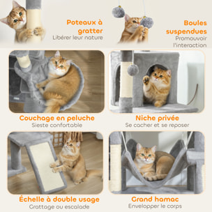 Arbre à chat design XXL gris clair multi-activités - zones de repos, griffoirs, grattoir - H.192 cm
