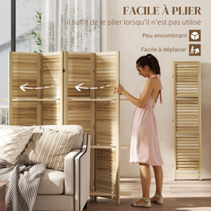 Paravent intérieur 4 panneaux 3 étagères pliables séparateur de pièce portes persiennes bois de paulownia autoclave