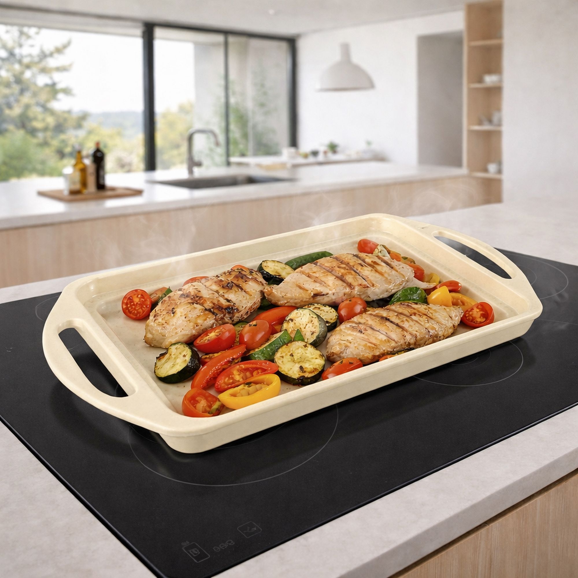 Plaque cuisson 44x27cm en fonte aluminium crème induction avec grille