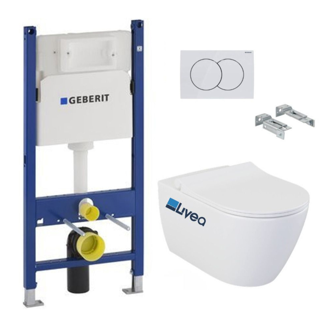Pack WC Bati-support Geberit Duofix + Cuvette suspendue sans bride Livea Bello + Abattant soft close + Plaque Blanche (BelloGeb3