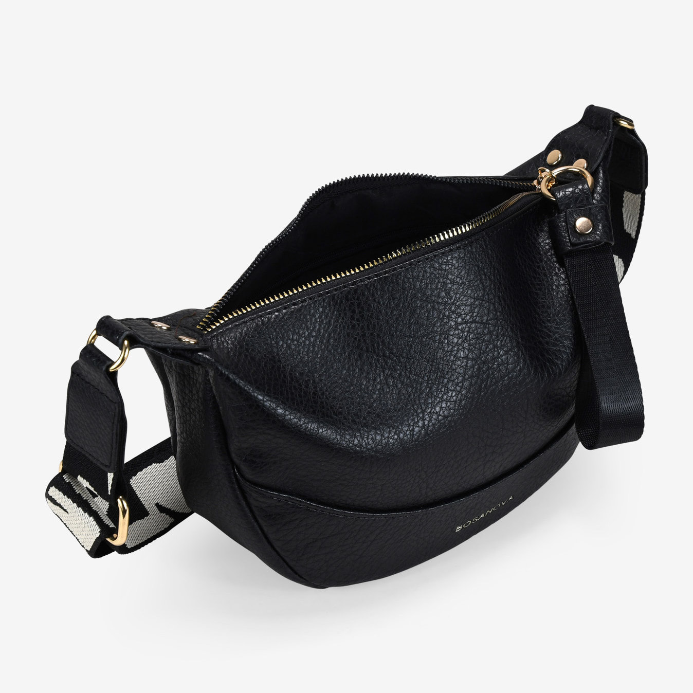 Bolso bandolera negro con asa de algodón étnica