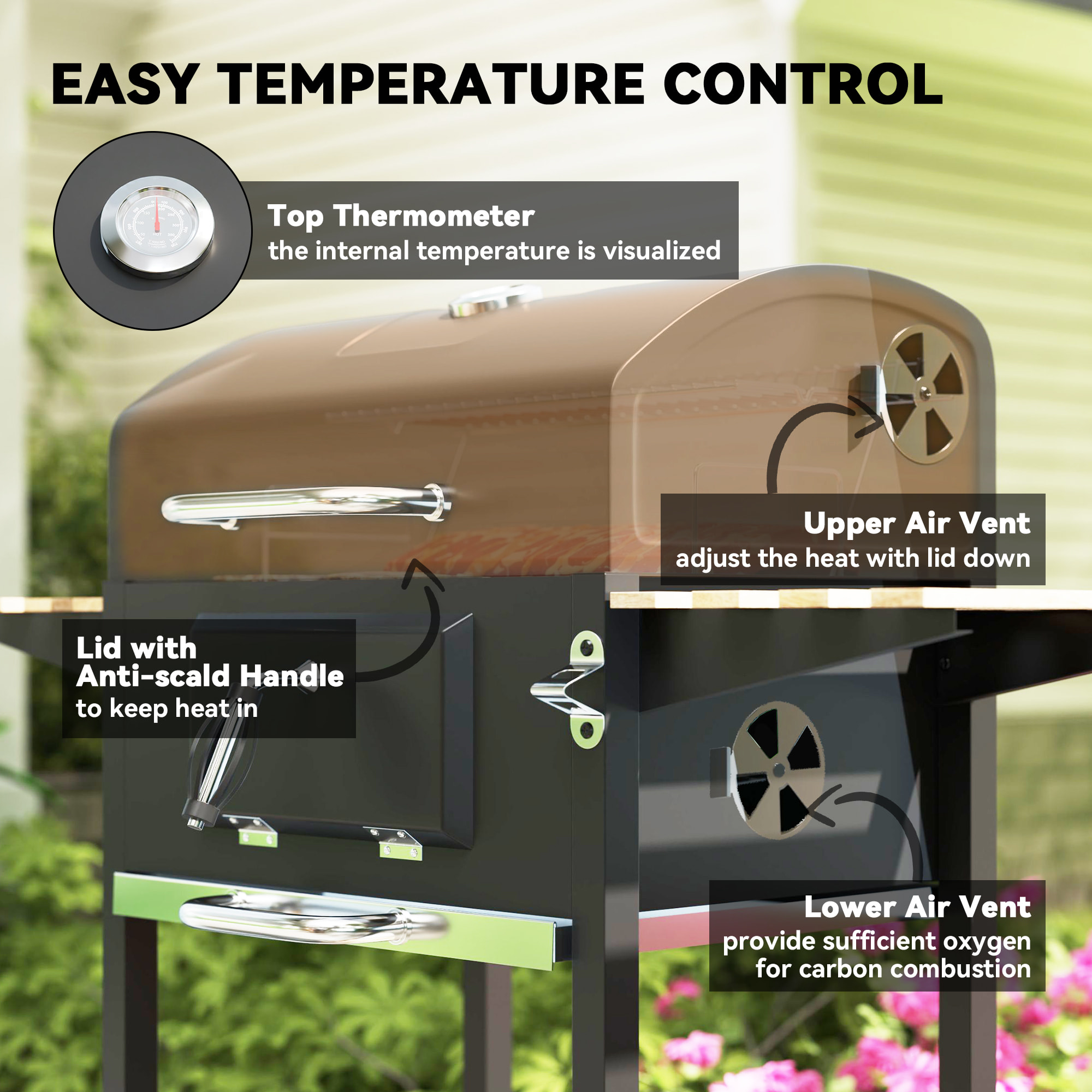 Barbecue charbon de bois avec couvercle 2 roues - hauteur grille réglable, thermomètre, 3 étagères - acier noir bois