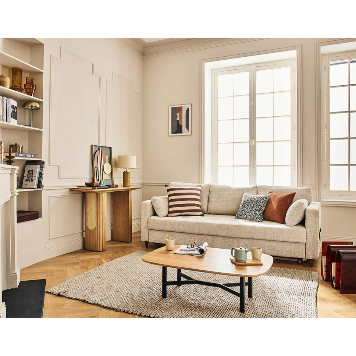 Anna - canapé droit 3 places convertible avec poche en velours texturé - Beige