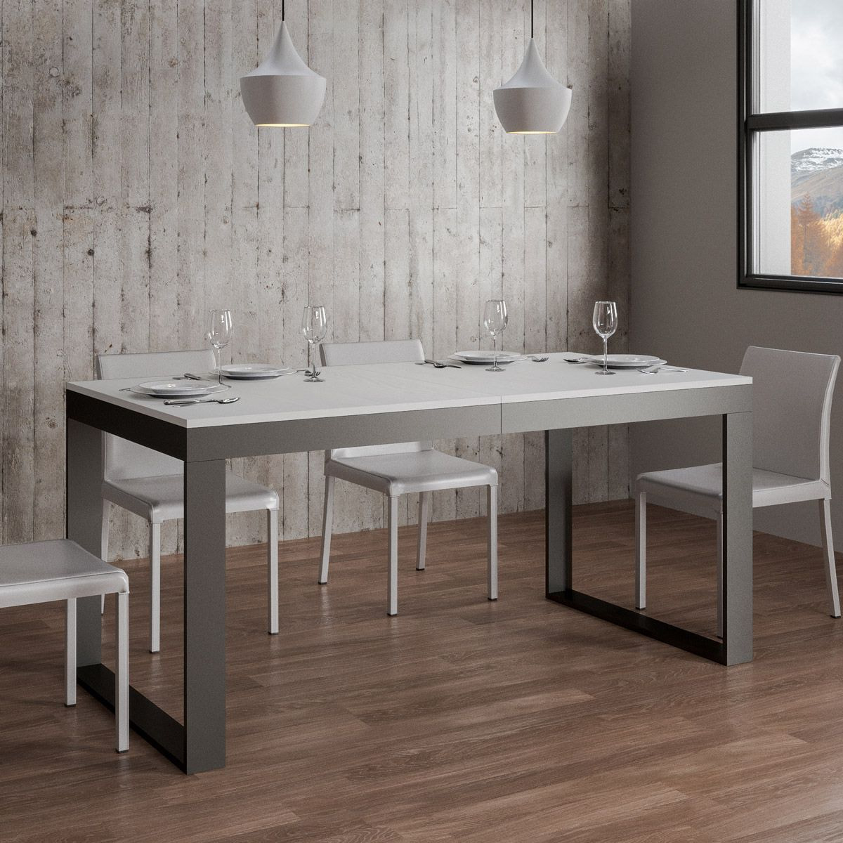 Mesa extensible 90x180/440 cm Tecno Evolution Fresno Blanco estructura Antracita