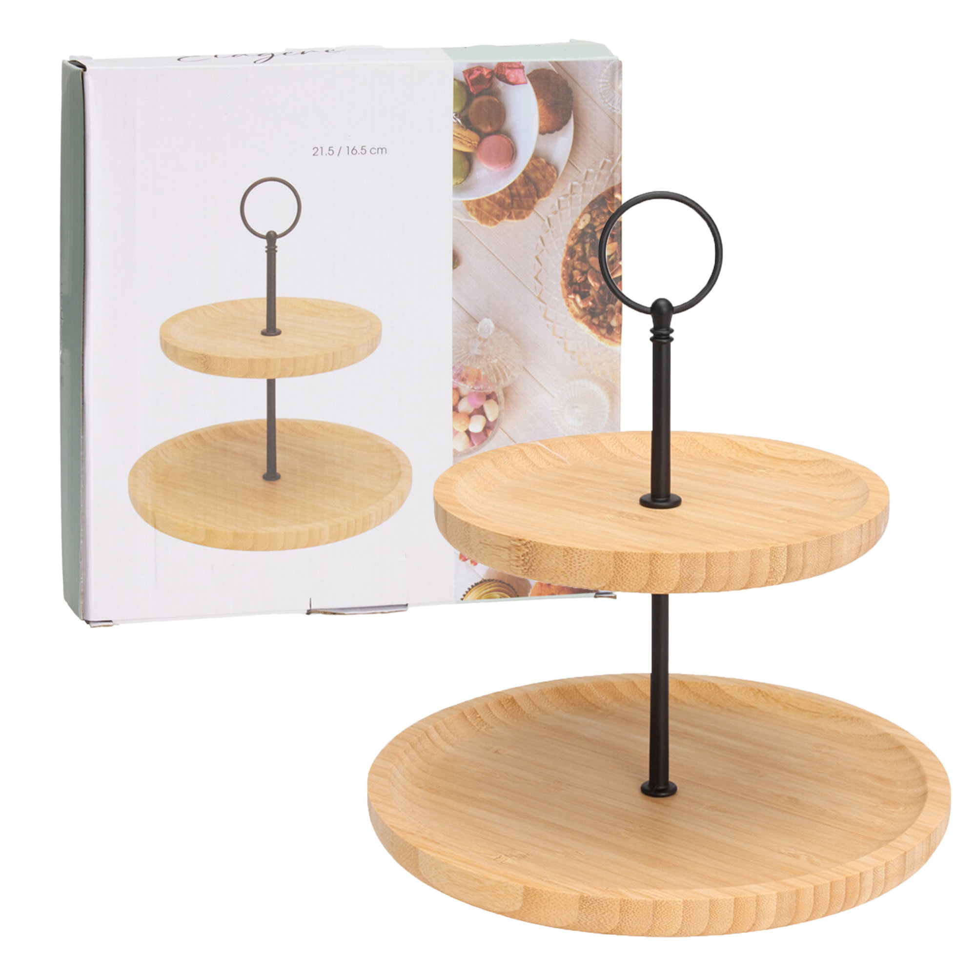 Puesto de comida de bambú de 2 niveles - ideal para servir y presentar platos - ligero y resistente