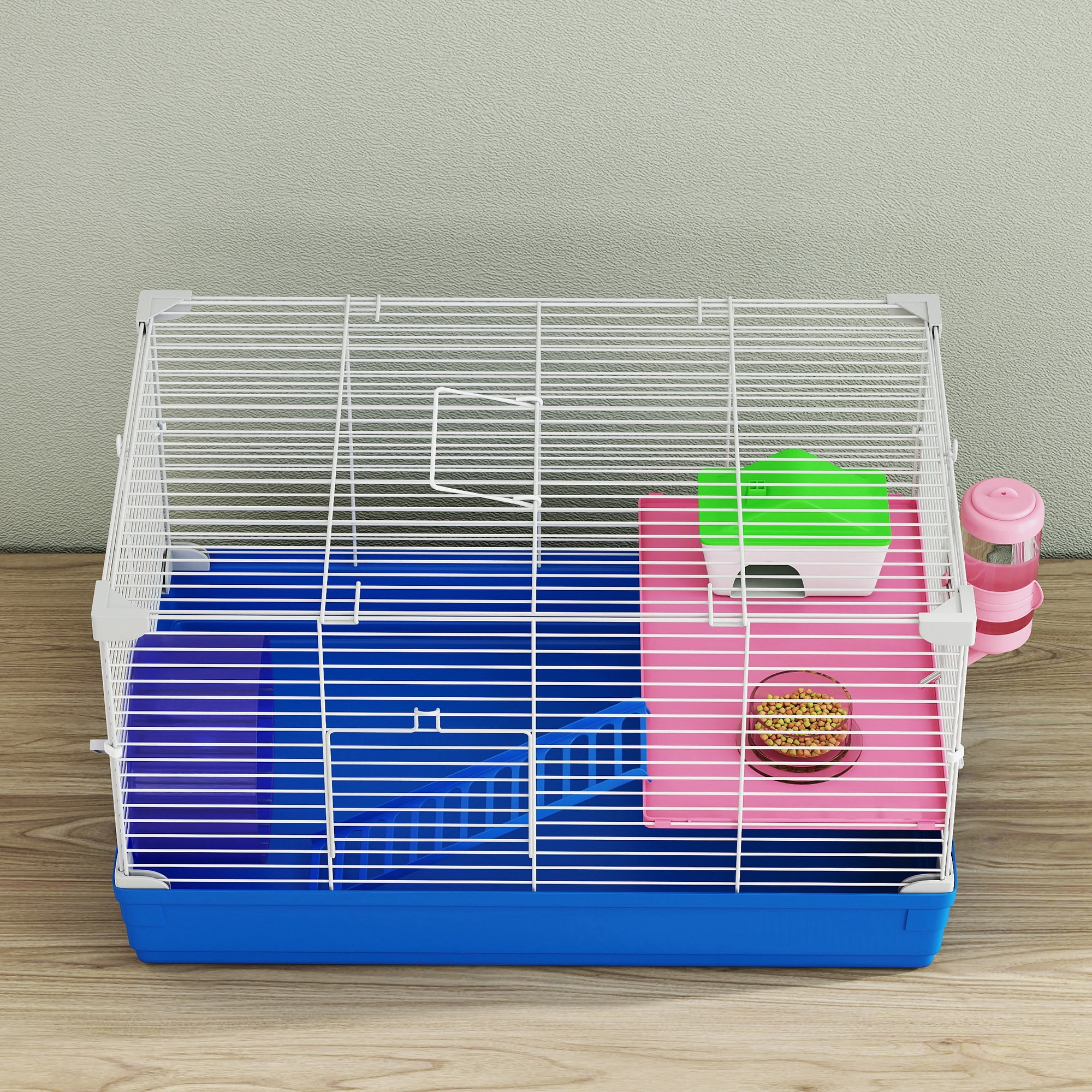 Cage rongeur hamster 2 niveaux cabane roue échelle biberon mangeoire 47 x 30 x 27 cm bleu blanc