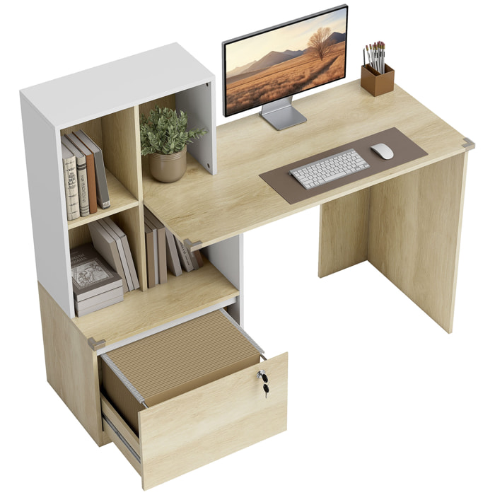Escritorio, Mesa de Oficina con 4 Estantes y Cajón Archivador A4 con Cerradura y 2 Llaves, Mesa de Ordenador Moderna para Espacios Pequeños, Oficina en Casa, Roble