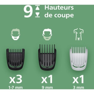 Tondeuse multi usages PHILIPS MG3935/15 Series 3000, 9 hauteurs de coupe, précision 1 mm, autonomie 70mn