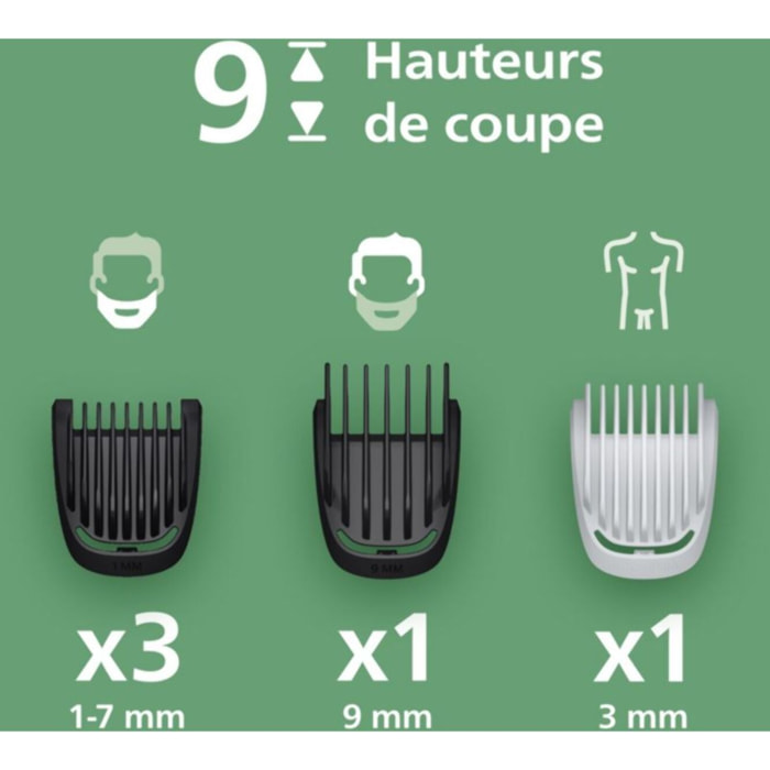 Tondeuse multi usages PHILIPS MG3935/15 Series 3000, 9 hauteurs de coupe, précision 1 mm, autonomie 70mn