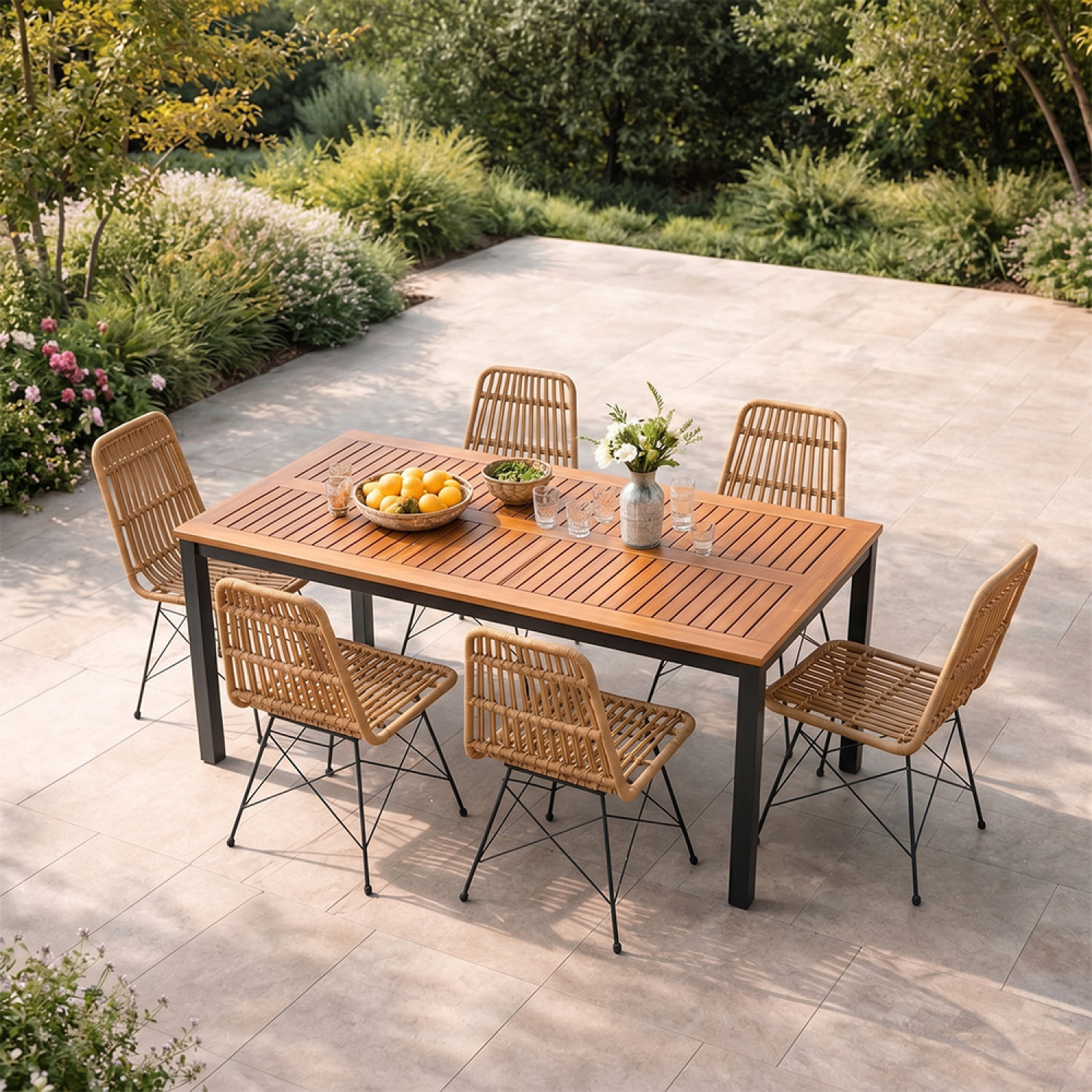 Salon de jardin 6 places avec table en bois naturel et chaises en résine tressée JAGNA