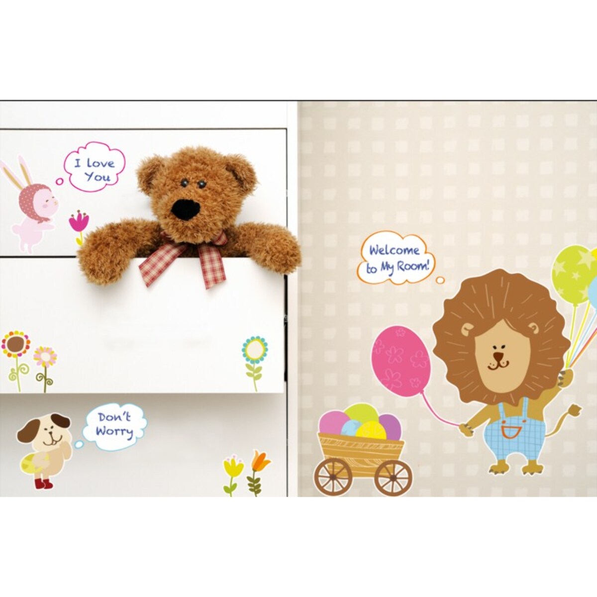 Stickers Muraux décoration adhésifs lion et animaux avec parties tableau blanc