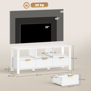 Mueble de TV Moderno, Mesa TV para Salón con 3 Cajones y 3 Estantes Abiertos, para Televisión 43-55 Pulgadas, 120x39,5x50 cm, Blanco
