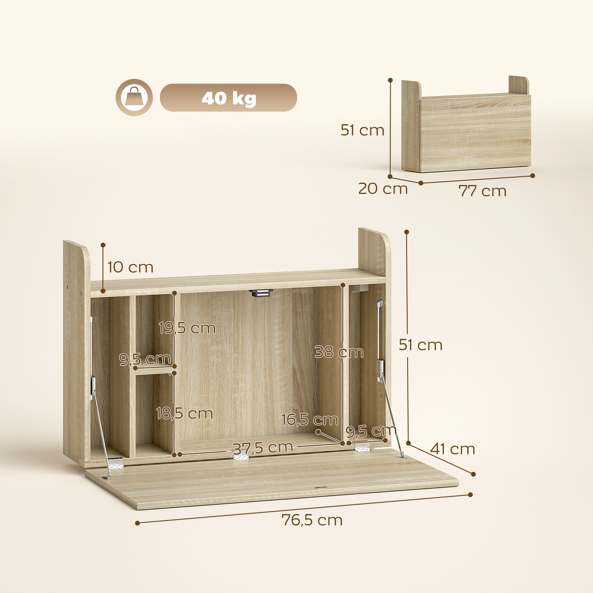 Bureau mural pliable - table murale rabattable - 5 niches, étagère - effet bois clair