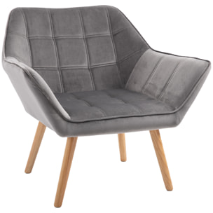 Butaca de Salón Moderna, Sillón Lectura Tapizado en Terciopelo con Asiento Ancho, Patas de Madera, Fácil Montaje, Sillón Relax para Sala de Estar, Dormitorio y Balcón, Gris