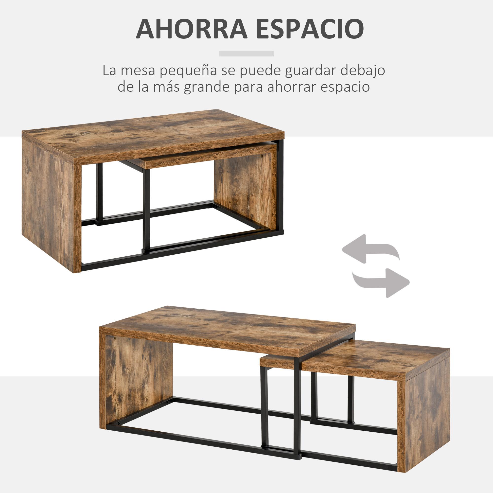 Juego de 2 Mesas de Centro Mesitas de Café con Patas de Metal Estilo Industrial para Salón Comedor Sala de Estar 90x48x42 cm y 59x42x36 cm Marrón Rústico