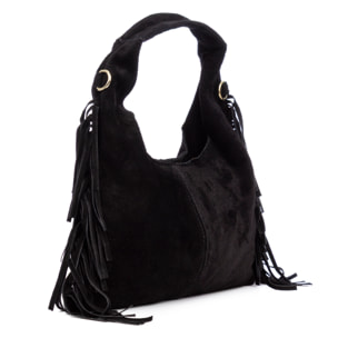 Barisciano borsa a spalla da donna. Pelle scamosciata autentica, con frange.