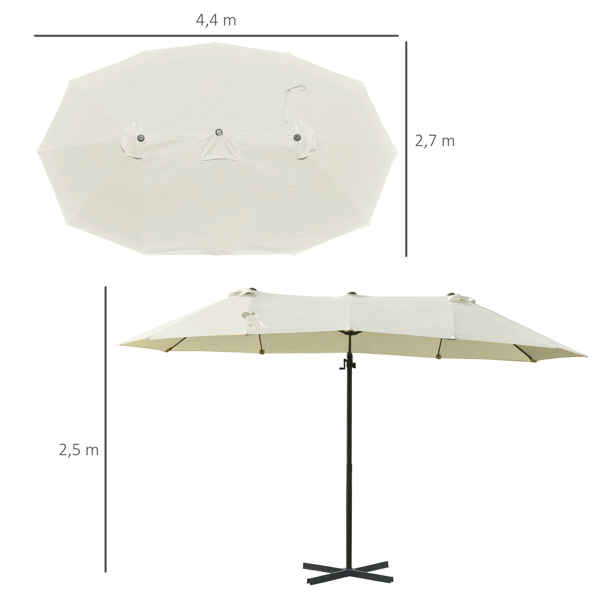 Parasol déporté grande taille XXL inclinable dim. 4,4L x 2,7l x 2,5H m piètement en acier inclus polyester crème