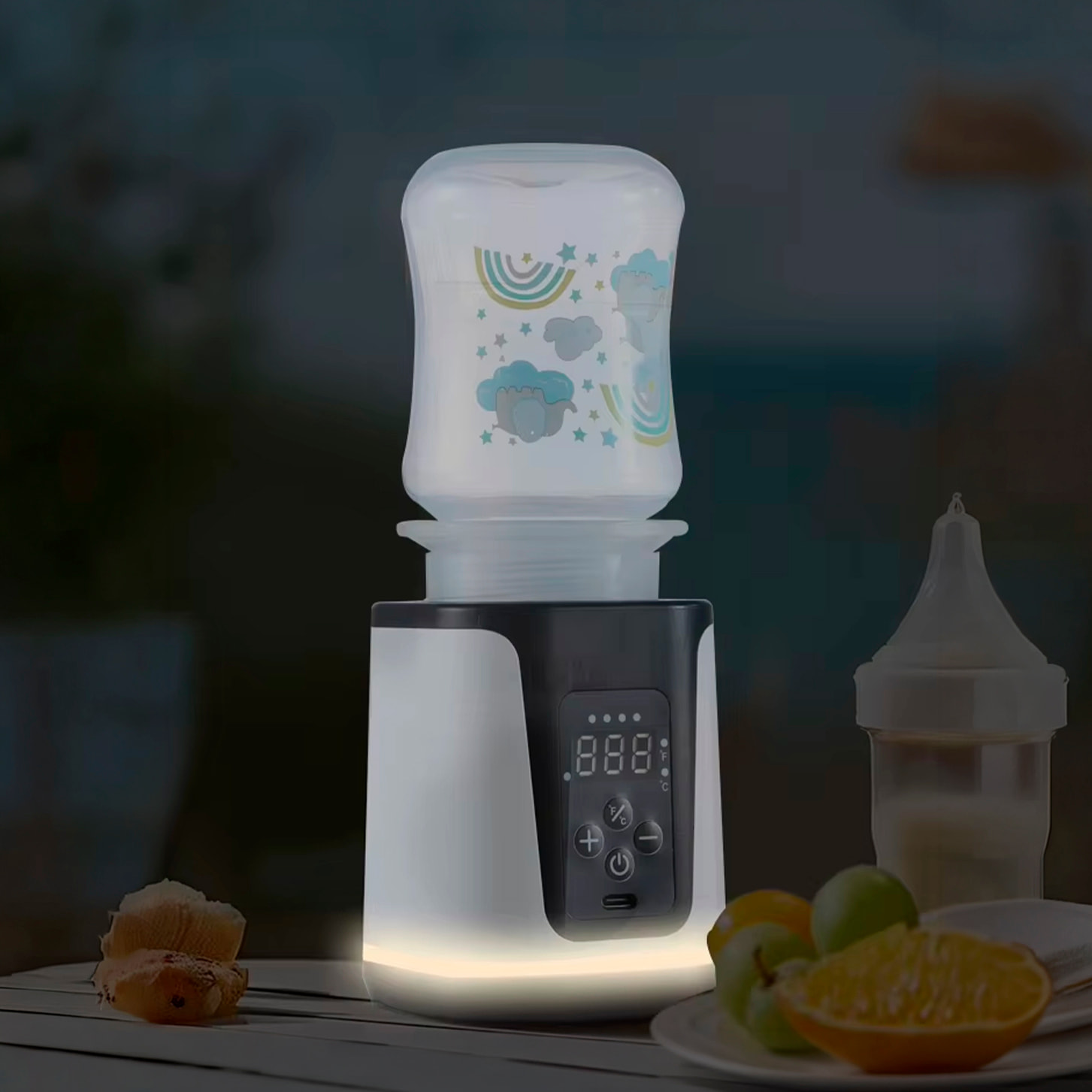 Scaldabiberon WN-01 con batteria ricaricabile da 5200 mAh e potenza di 75W. Include 6 adattatori e 1 biberon da 250ml.