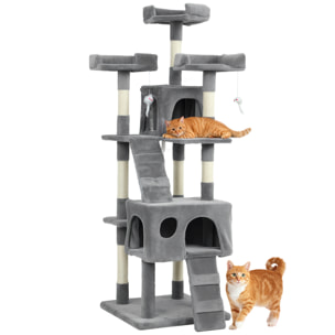 Árbol Rascador para Gatos, Árbol para Gatos 153 cm, Torre Escalador con 2 Cuevas, 3 Camas, 2 Rampas, Postes de Sisal, 2 Ratones Colgantes, Gris