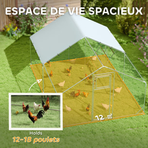 Enclos poulailler 12 m² espace couvert - perchoir, mangeoire à suspendre, porte, bâche - 4 x 3 x 1,95 m - acier gris