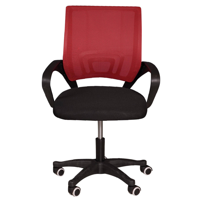 Sedia da ufficio su ruote, Poltrona elevabile con braccioli, Sedia in tessuto imbottito con schienale in rete, cm 62x50h84/93, colore Nero e Rosso